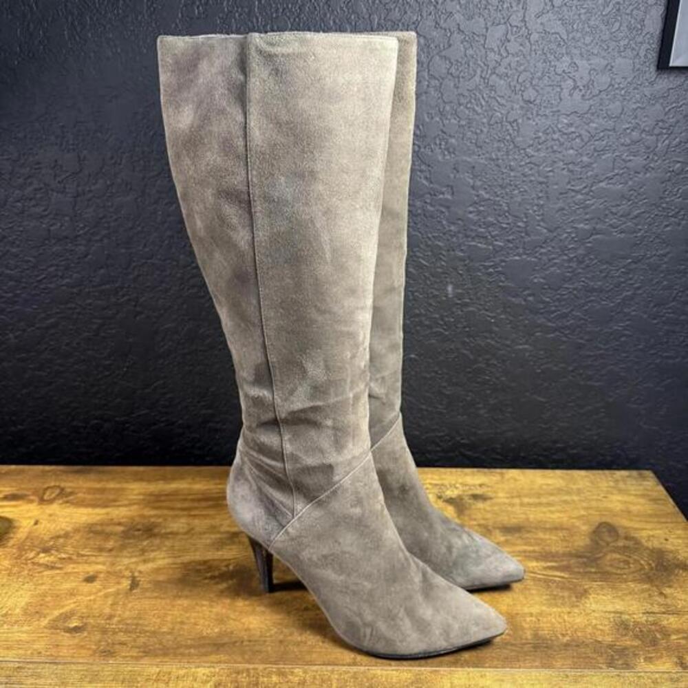 Prada Pointed Toe Grey Suede Knee High Stiletto Boots Womens Size‎ 39